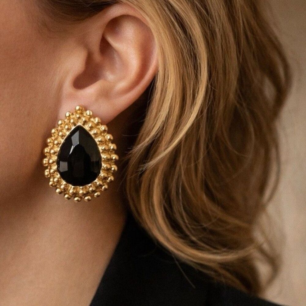 Vintage 1980s Black Teardrop Clip On Earrings Gold Tone Chunky Statement Glam